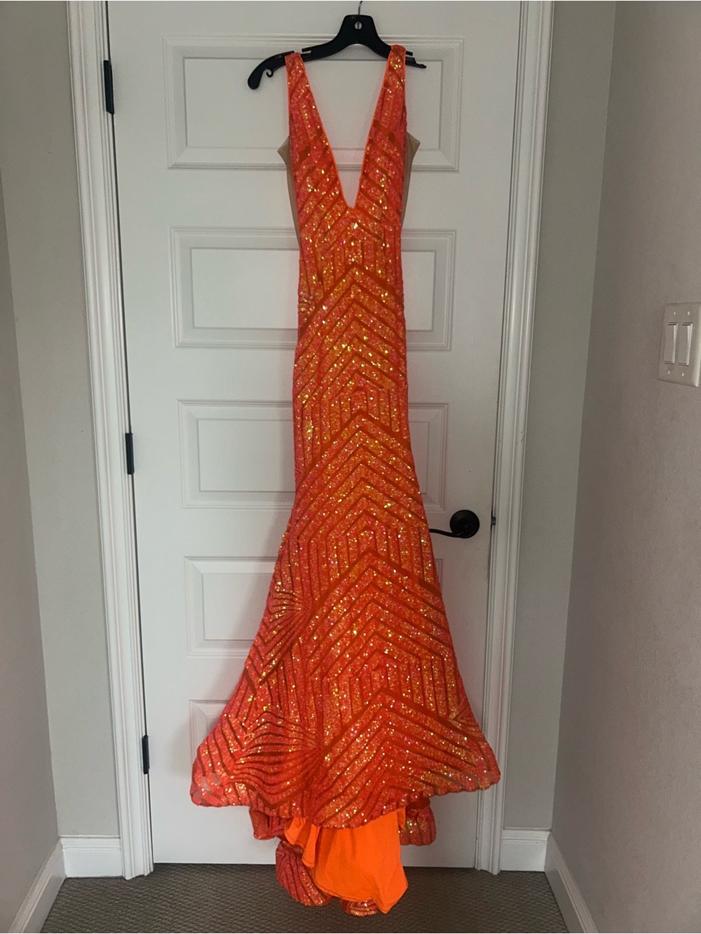 Jovani Orange Sequin Deep V Mermaid Gown